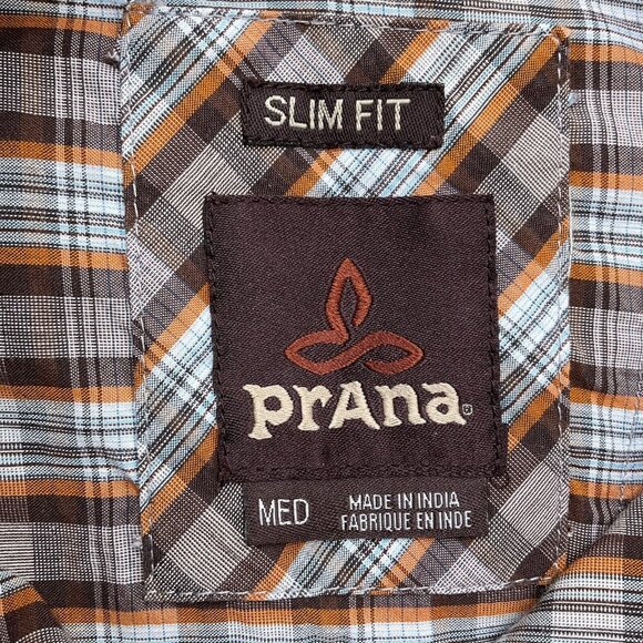 Prana Shirt Men‎ Medium Orange Brown Plaid Slim Fit Western Cowboy Snap Cotton - Picture 4 of 12